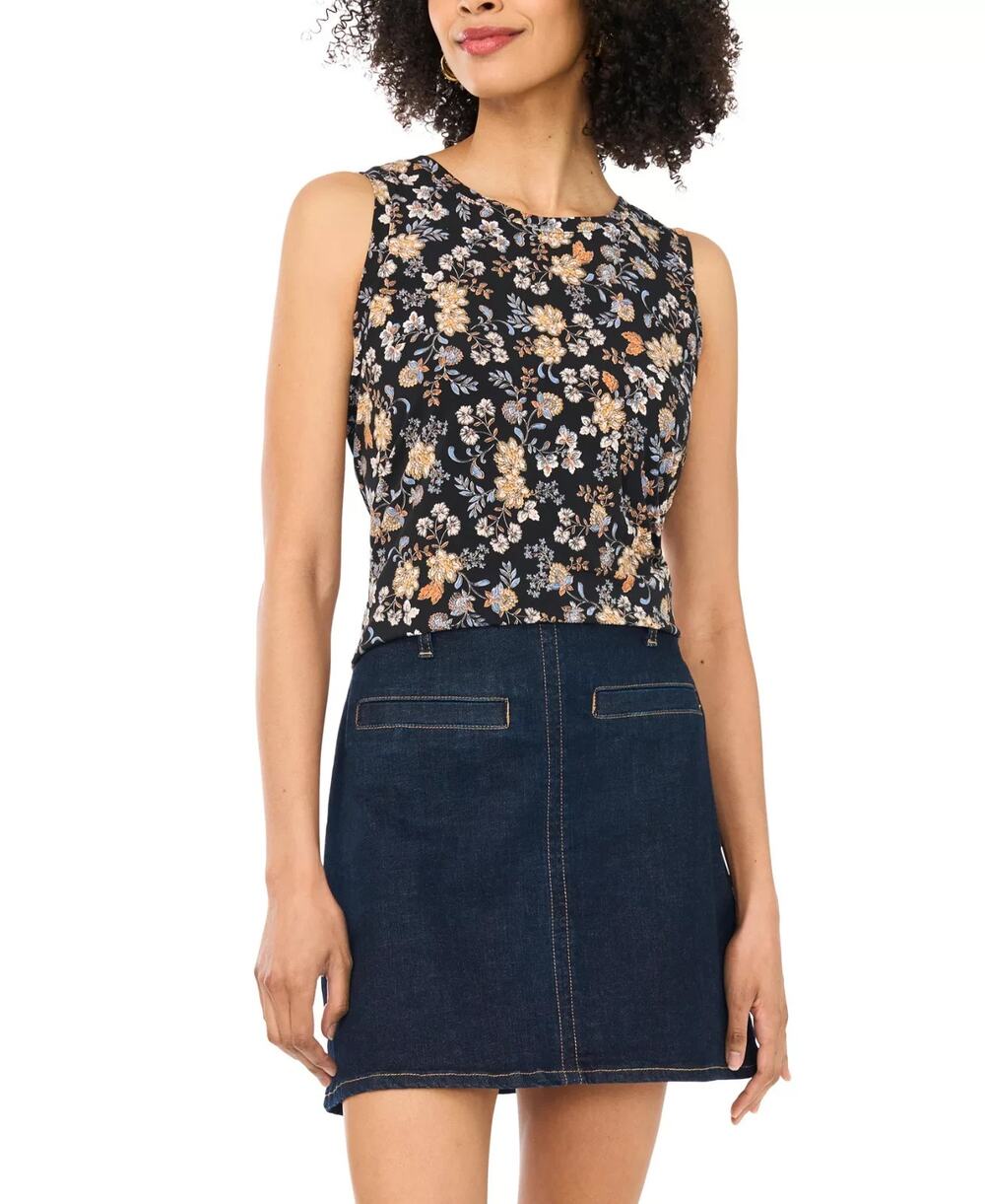 Vince Camuto Women's Floral-Print Keyhole Sleeveless Top Black Size XL 4134